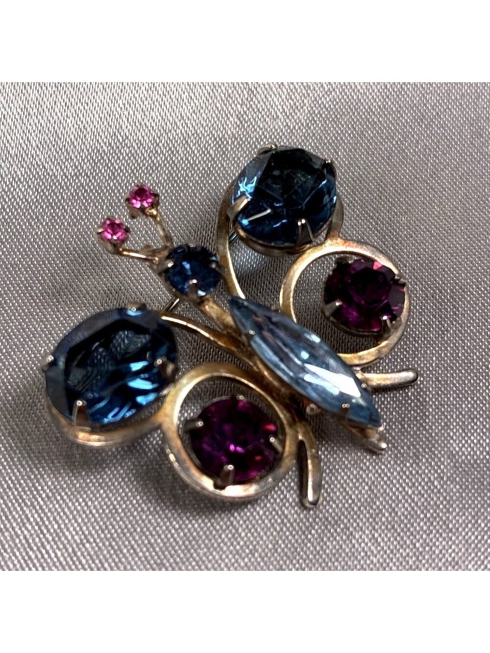 Vintage Rhinestone Butterfly Brooch Blue Pink Open Back Gold Tone Figural Pin